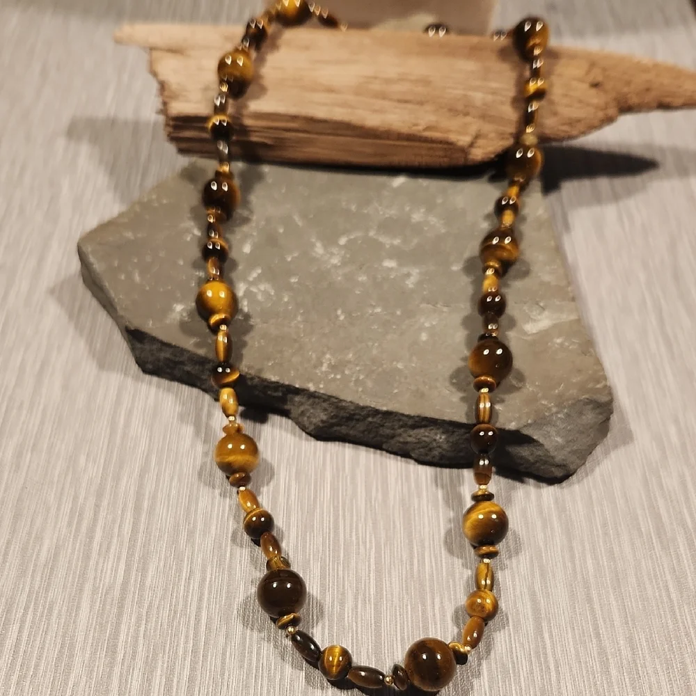 14k Tiger Eye Beaded Women's Necklace - Brown